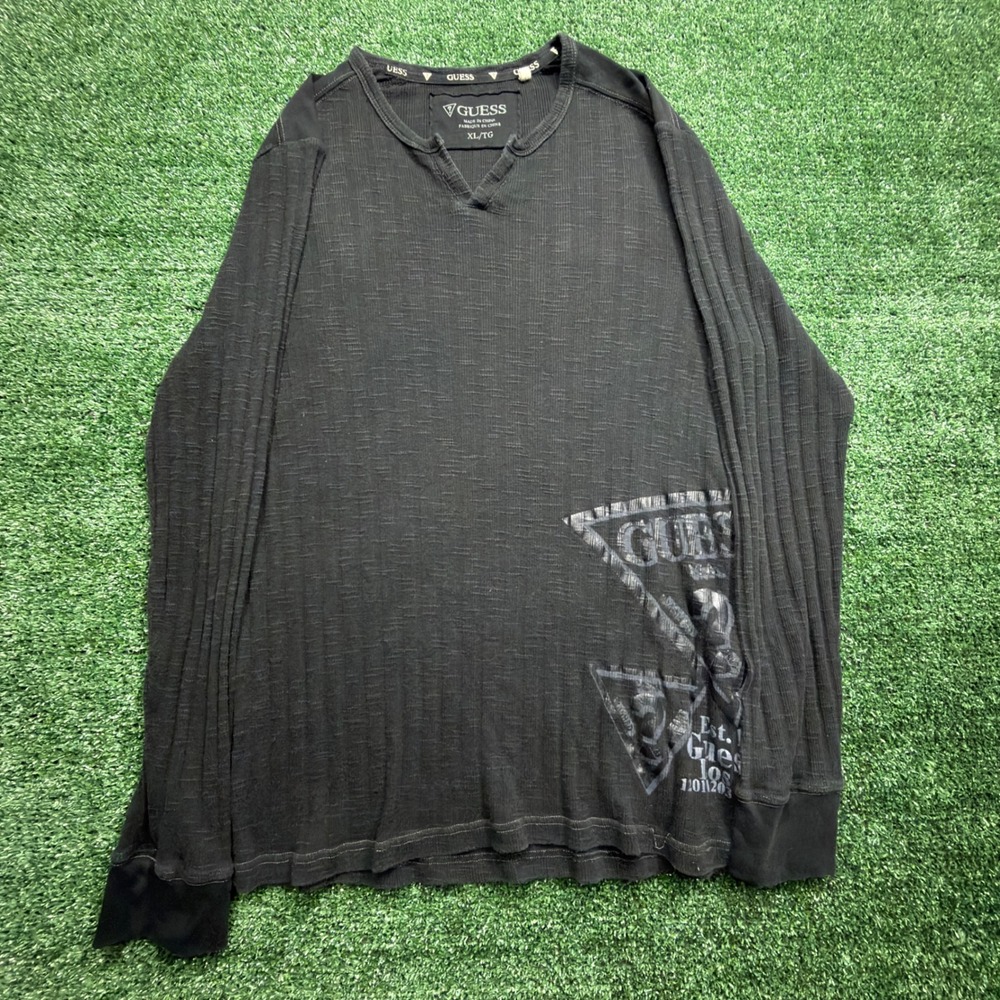 Y2K STYLE Guess Mens XL Black Slub Knit Thermal Long Sleeve Split V-Neck Graphic